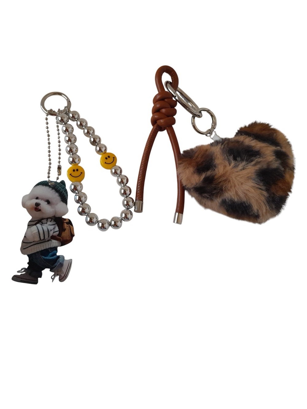 Leopard Faux Fur Heart Pom Pom Bag Charm Leather Knot Tassel Keychain - Picture 3 of 7